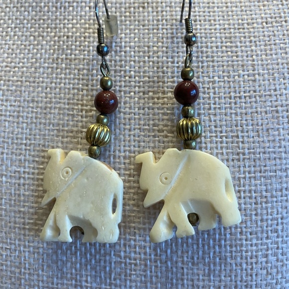 Bone  Elephant Dangle Earrings with Gold and Brown Accents - Women Jewelry - Picture 9 of 9